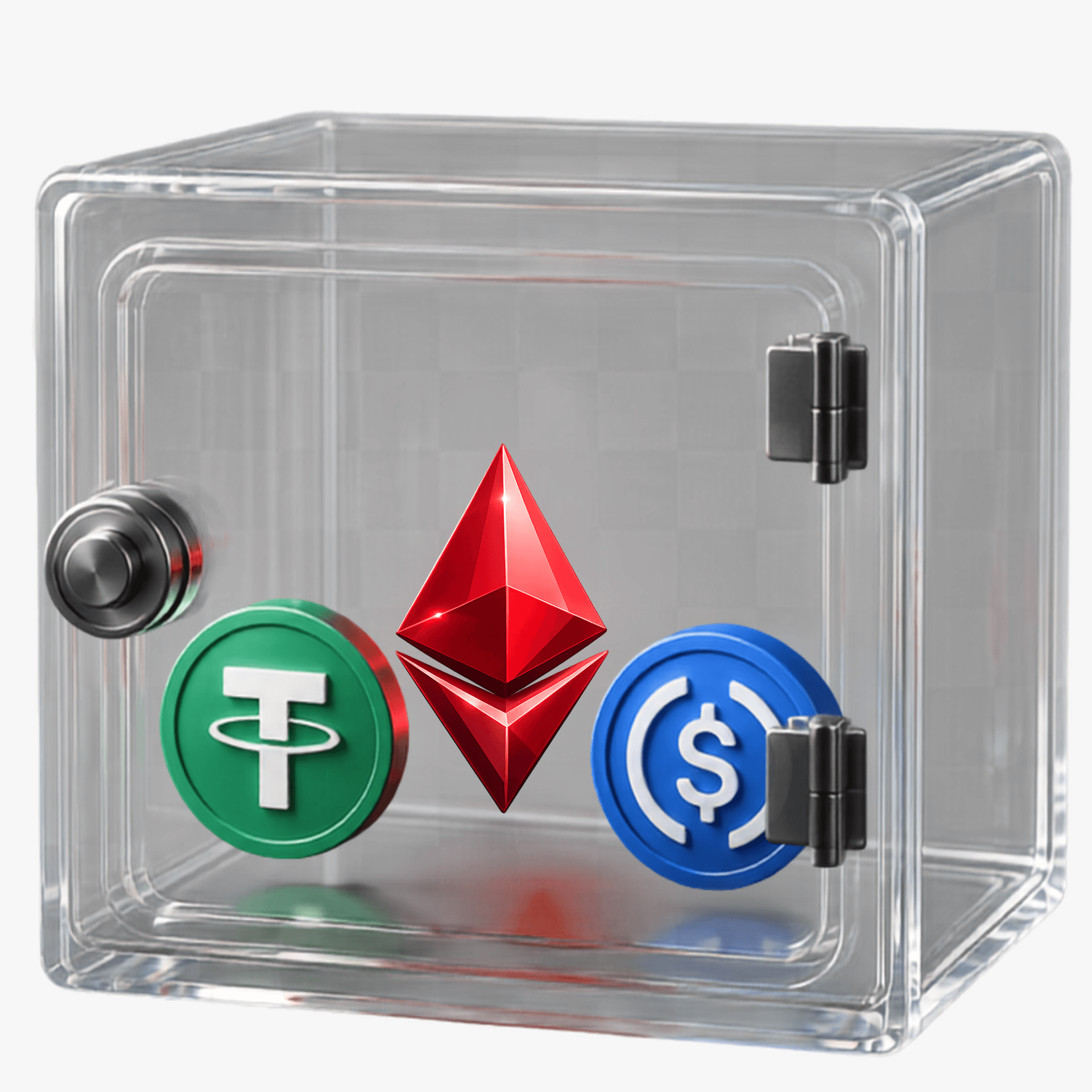 Cofre de vidro com moedas digitais Ethereum, USDT e USDC