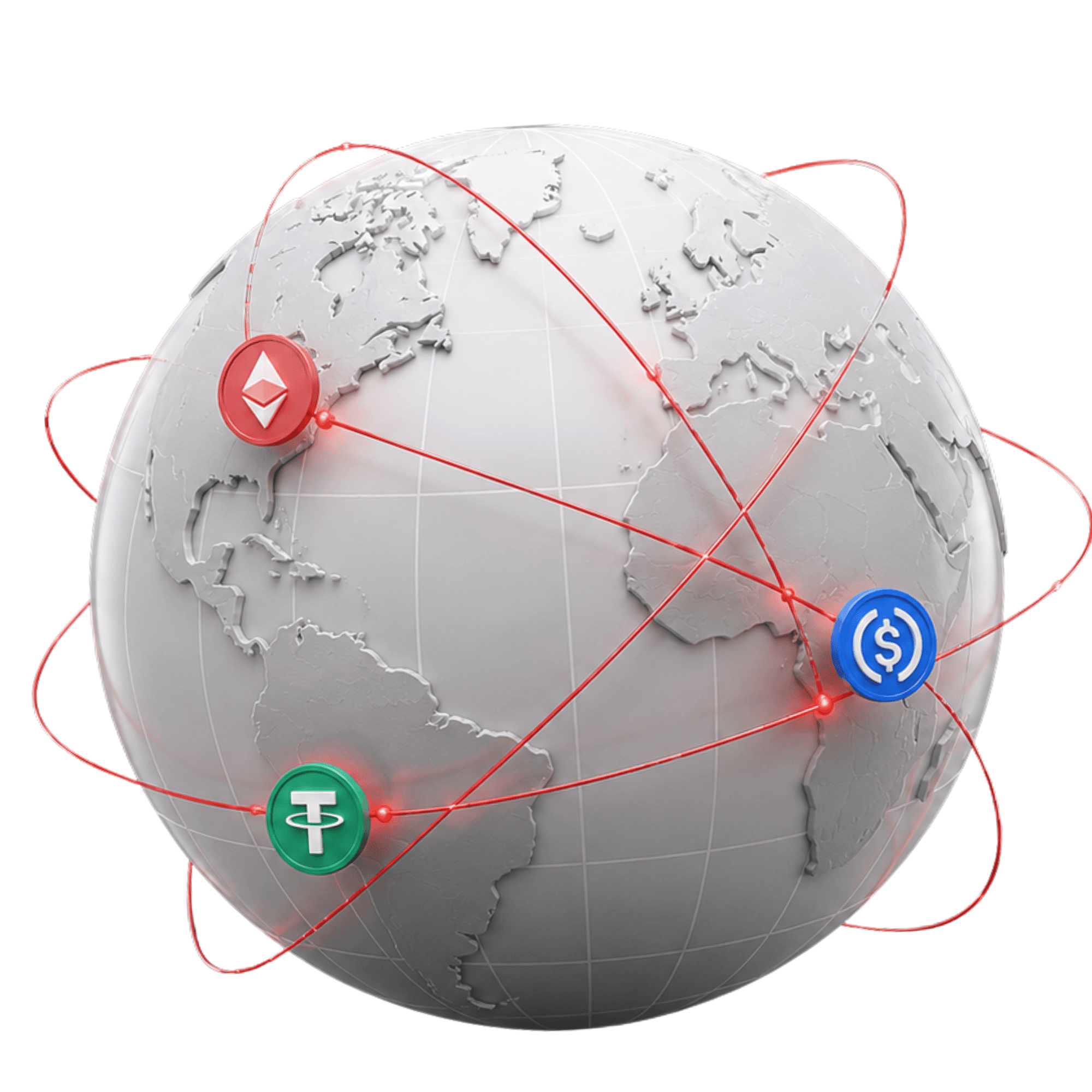 Globe with network orbits and crypto tokens — global receiving