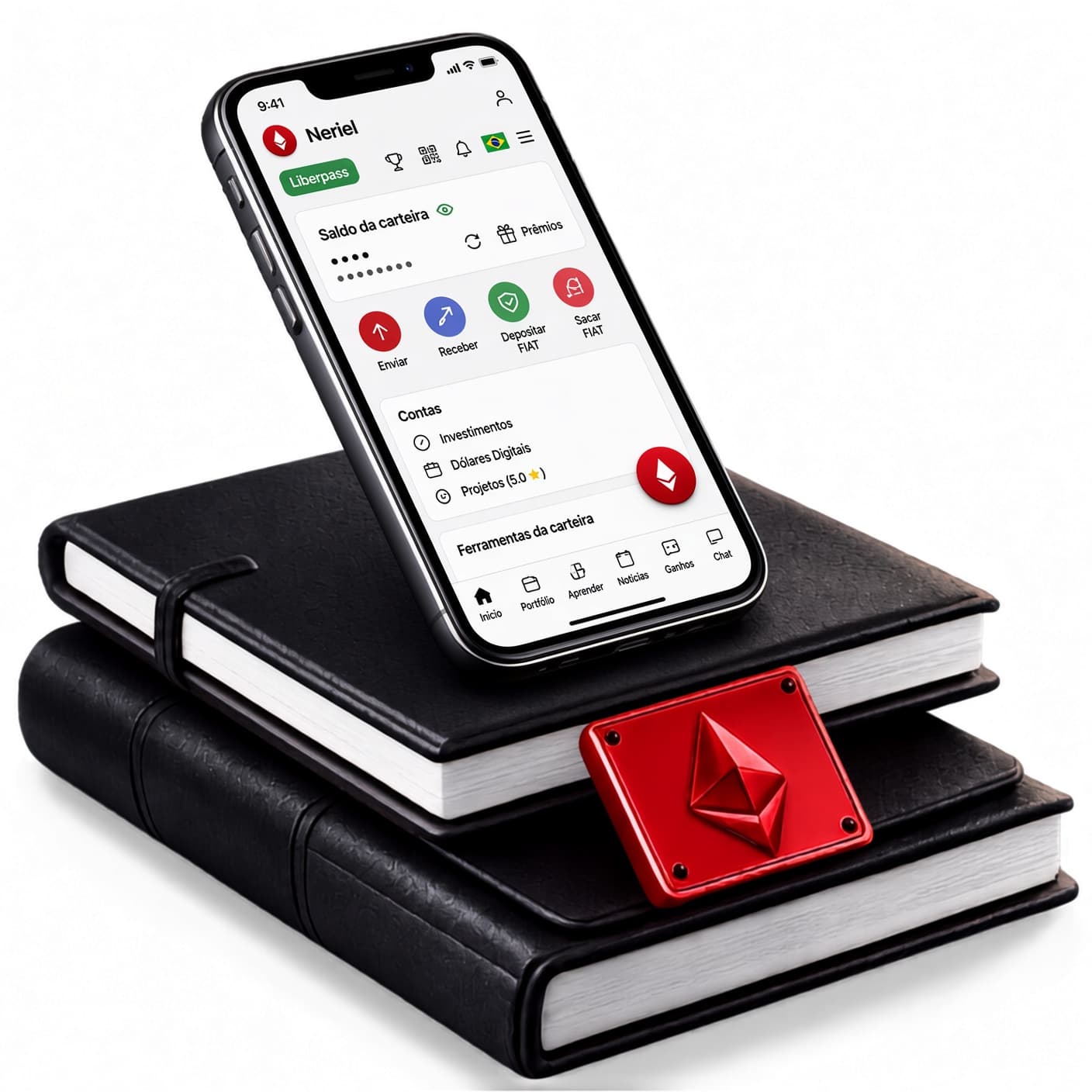 LiberWallet smartphone with notebooks and Ethereum badge — LiberEther ecosystem