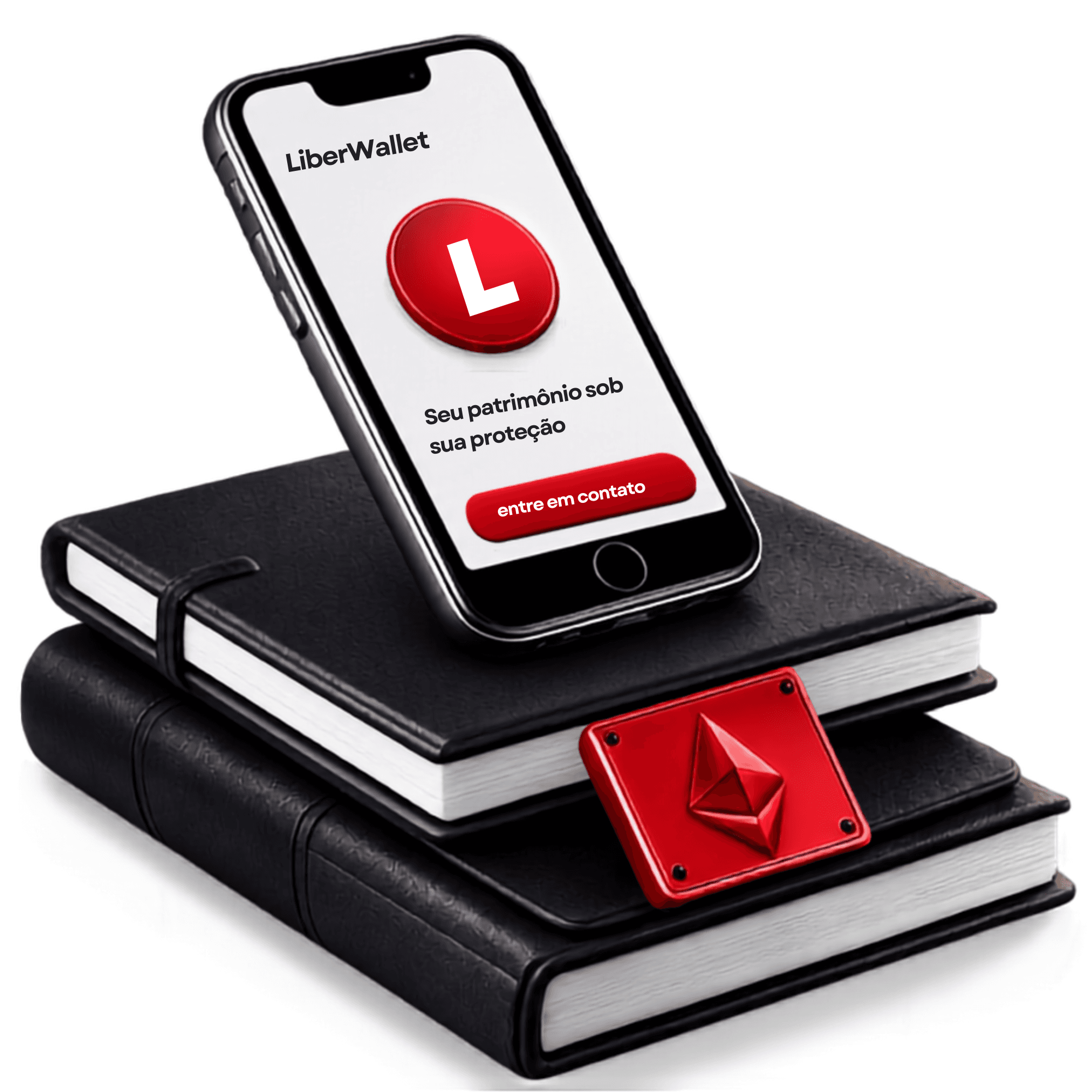 Smartphone LiberWallet com cadernos e badge Ethereum — ecossistema LiberEther