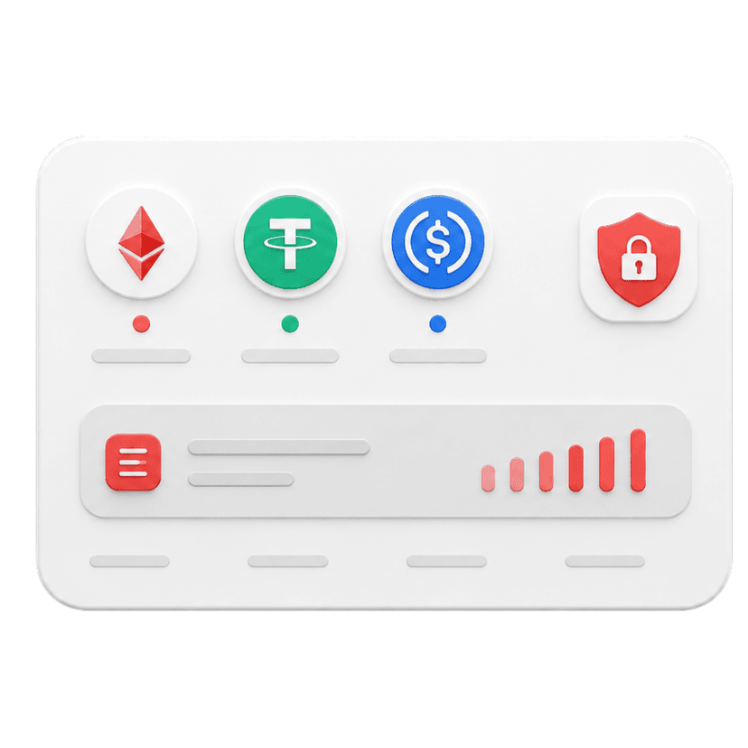 Painel de carteira com ETH, USDT, USDC e indicador de segurança