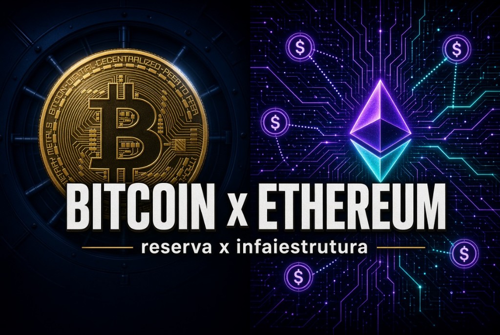 A Bitcoin coin on the left and the Ethereum diamond on the right, with the title Bitcoin x Ethereum and the subtitle reserve x infrastructure.