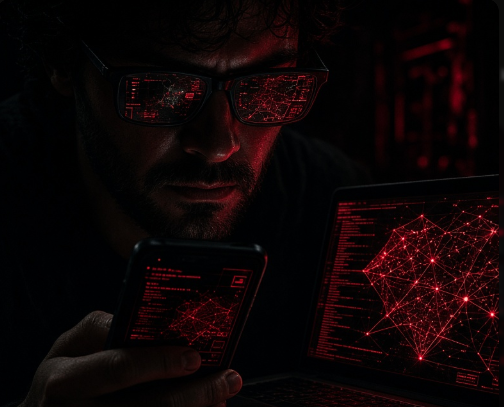 Hombre con gafas en las que se reflejan diagramas rojos, con un celular y un portátil que muestran redes.