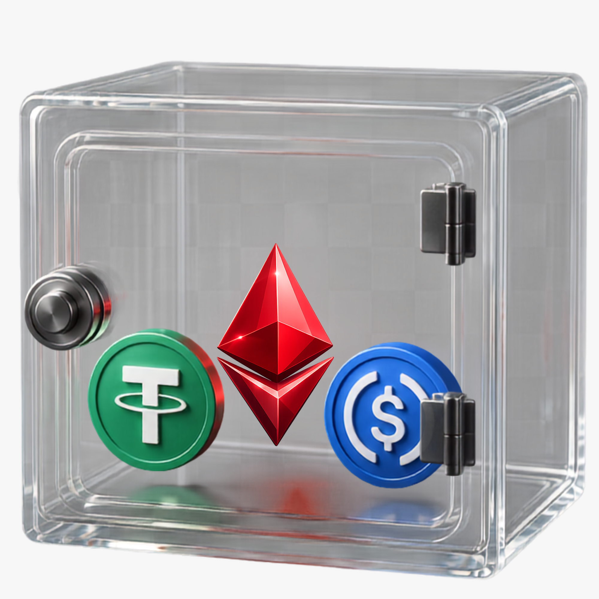 Caja fuerte de vidrio con monedas digitales Ethereum, USDT y USDC