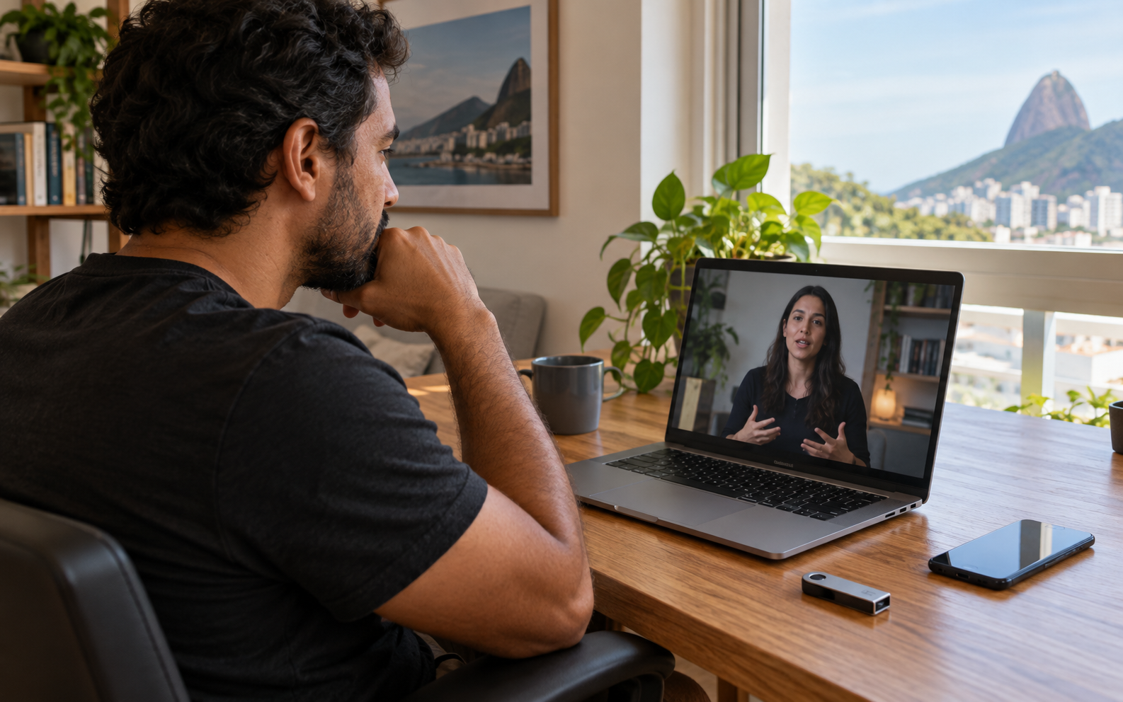 Pessoa acompanhando uma aula online em casa.