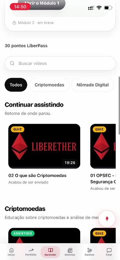 Lista de videos de LiberPass, con la búsqueda y los filtros Todos, Criptomonedas y Nómada Digital.