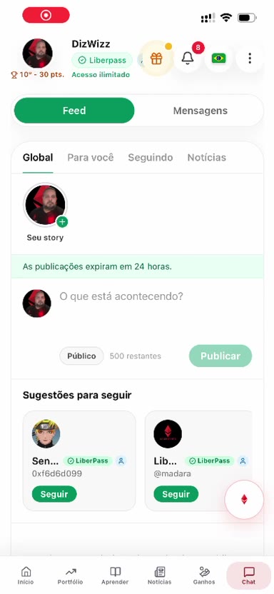 Chat feed, with the filters, the post field, and the suggestions to follow.