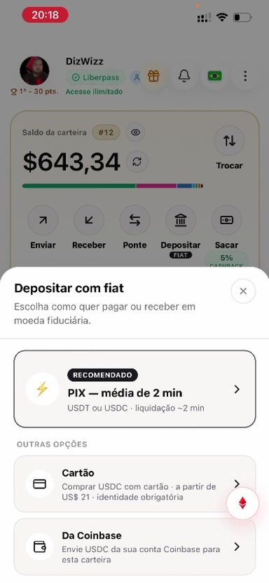 Opciones para depositar con fiat en LiberWallet: PIX, tarjeta y envío por Coinbase.