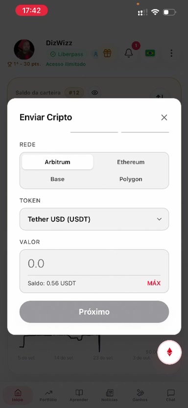 Janela Enviar Cripto, com a escolha da rede, o token e o valor.