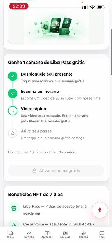First-gift steps: unlock, pick a time, watch the video and activate the LiberPass week.